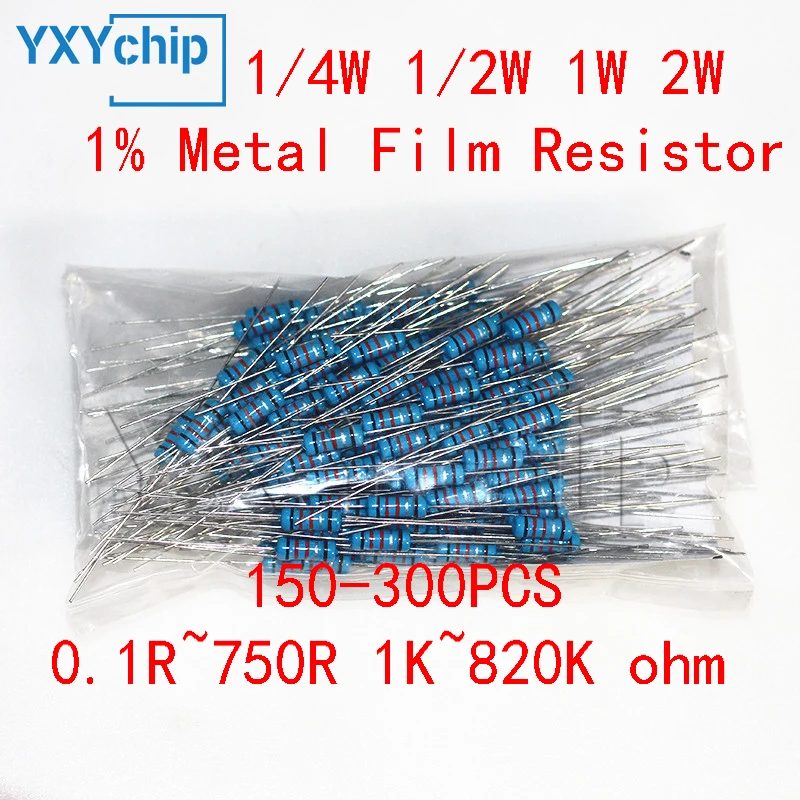 

150-300PCS Metal Film Resistor Set 1/4W 1/2W 1W 2W Resistance Pack Assortment Kit, 0.1R~750R 1K~820K ohm Resistors diy kit