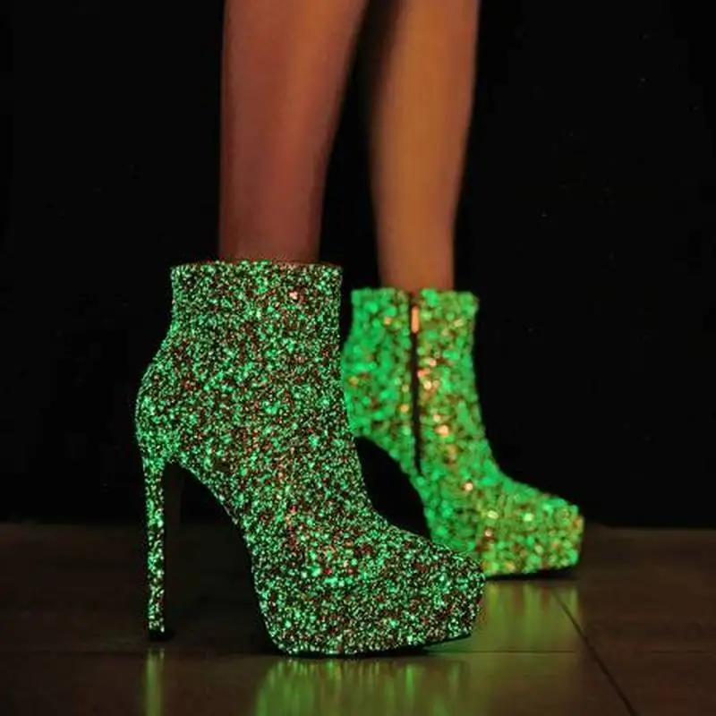 Women Glitter Ankle Boots Pointed Toe 13cm Stiletto Heel 3.5cm Platform TPR Outsole Pig & Fleece Party Fashion Boots F418