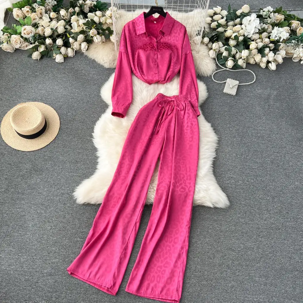 Elegant and Chic Women Fashion Two Pieces Set Vintage Casual Solid Shirts Tops Wide-Leg Pants Outfits Female Party Pantsuits New