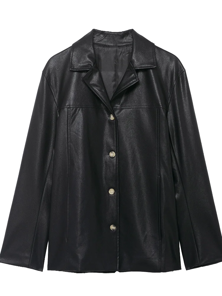 Solid Retro Lapel Leather Jacket Women Casual Solid Full Sleeve Single Breasted Loose Jackets 2026 Lady Commute Office Outerwear