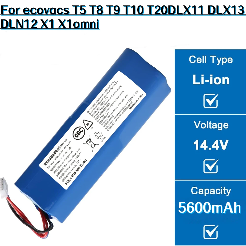 

14.4V 5600mAh Replacement Battery for ECOVACS Deebot Ozmo 950 T8 T8+ T5Max T10 T9 X1 DX65 Robot Vacuum Cleaner.