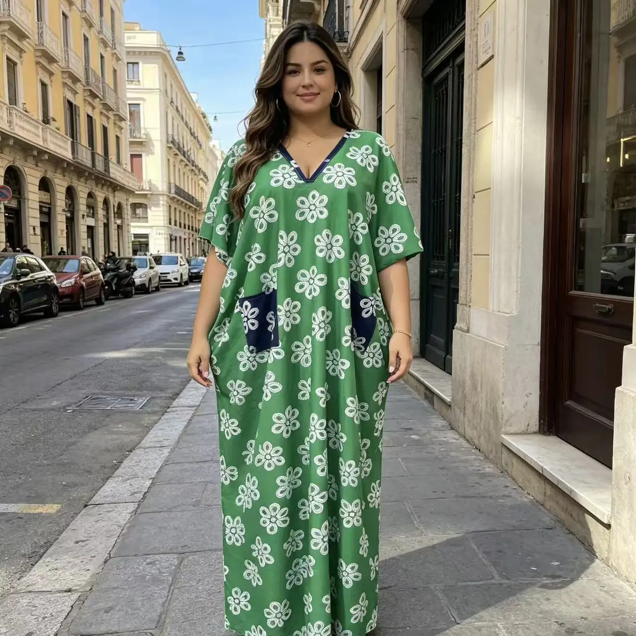 

Dashiki African Dresses for Women Summer Short Sleeve V-neck Polyester Printing Plus Size Long Maxi Dress Kaftan Muslim Abaya