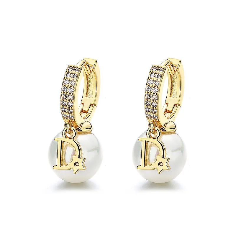 ZAKOL Korean Fashion Pearl Drop Earrings for Women Luxury Elegant Shiny Zircon D-letter Charm Hoop Earring Wedding Jewelry image 6