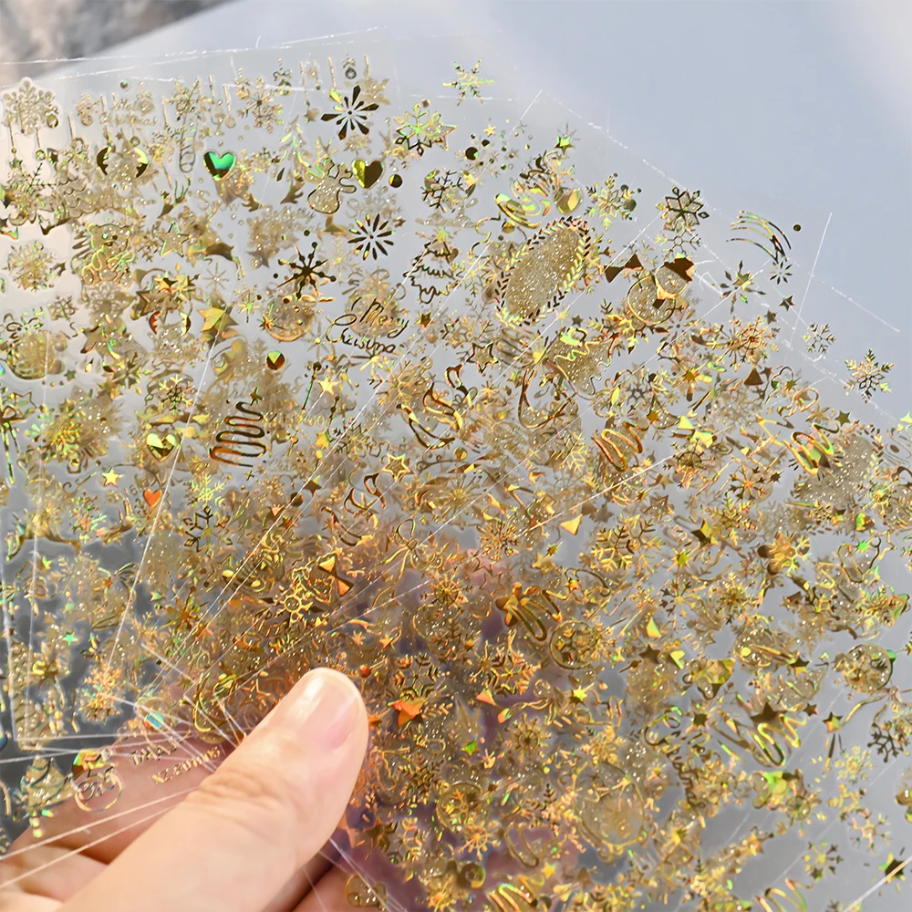 12 pièces Laser bronzant or 3D noël autocollant pour ongles Y2K flocon de neige cerf wapiti père noël ongles décalcomanies bonhomme de neige noël manucure autocollant