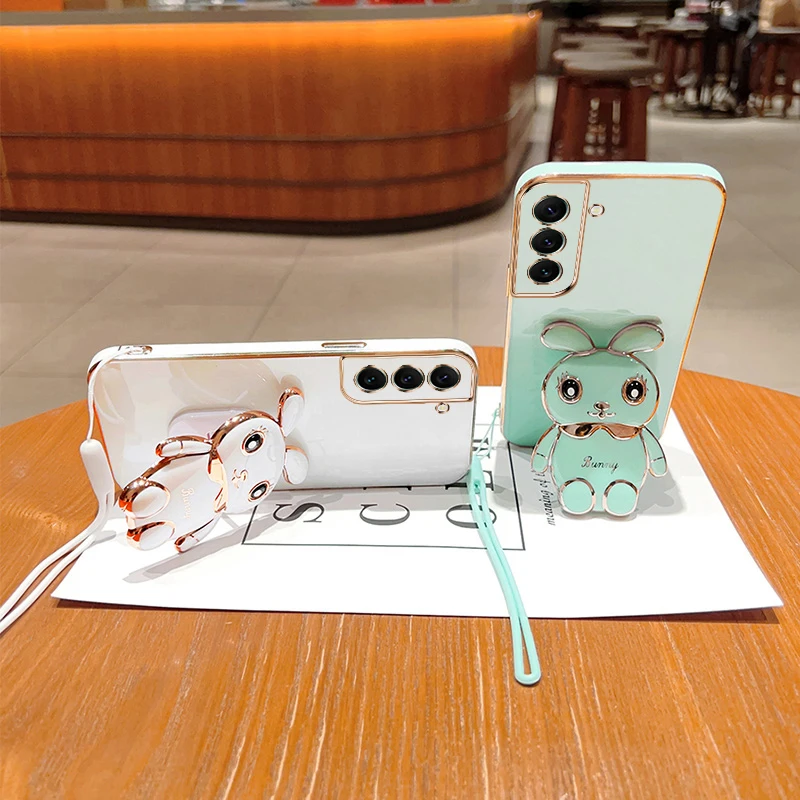 Cute Cartoon Rabbit Fold Stand For Samsung Galaxy S22 Phone Case With Lanyard Luxury Plating Cover