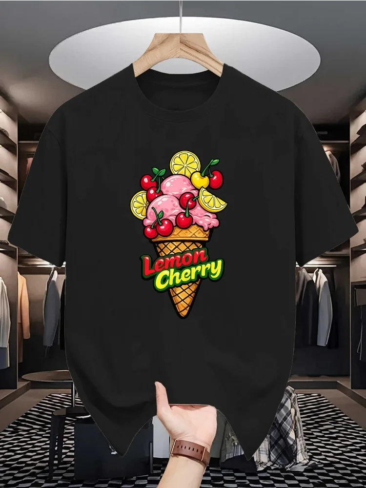 Men Summer Short Sleeve Crew Neck Tee Cartoon Lemon Cherry Ice Cream Print Casual Loose Fashion Streetwear Daily Basic Top