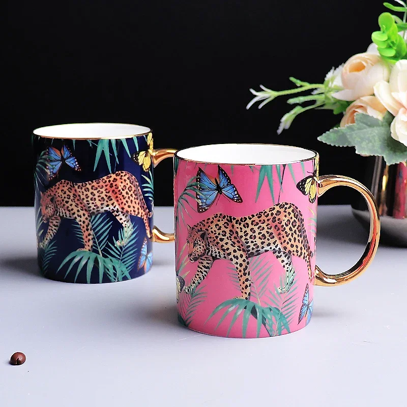 Nordic Large Capacity Coffee Cup Set Leopard Forest Cheetah Bone China Pink Milk Water Afternoon Tea Party Home Drinking
