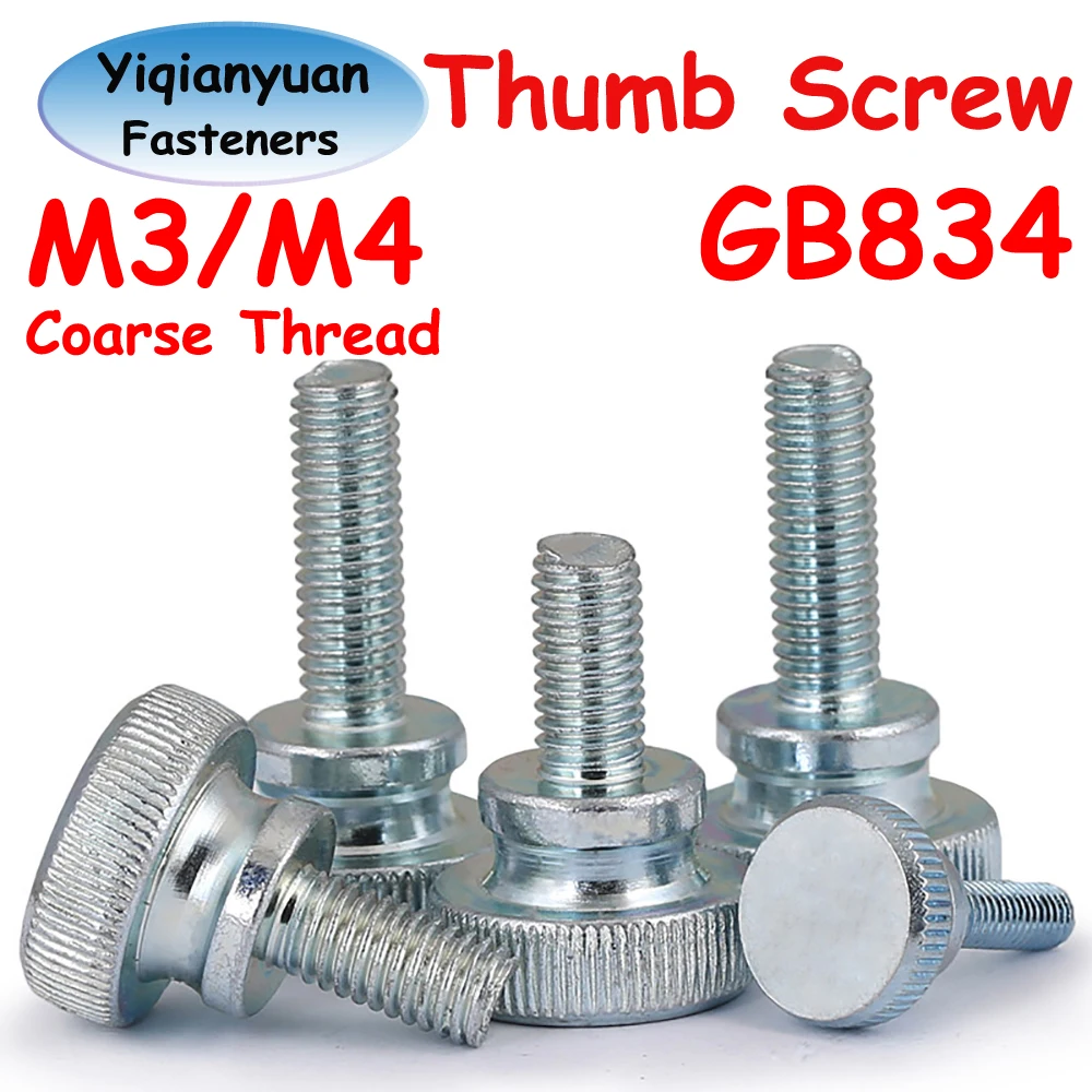Yiqianyuan M3 M4 Thumb Screw GB834 DIN464 Carbon Steel Galvanize Hatching Knurled Flat Head Curtain Wall Glass Hand Tighten Bolt