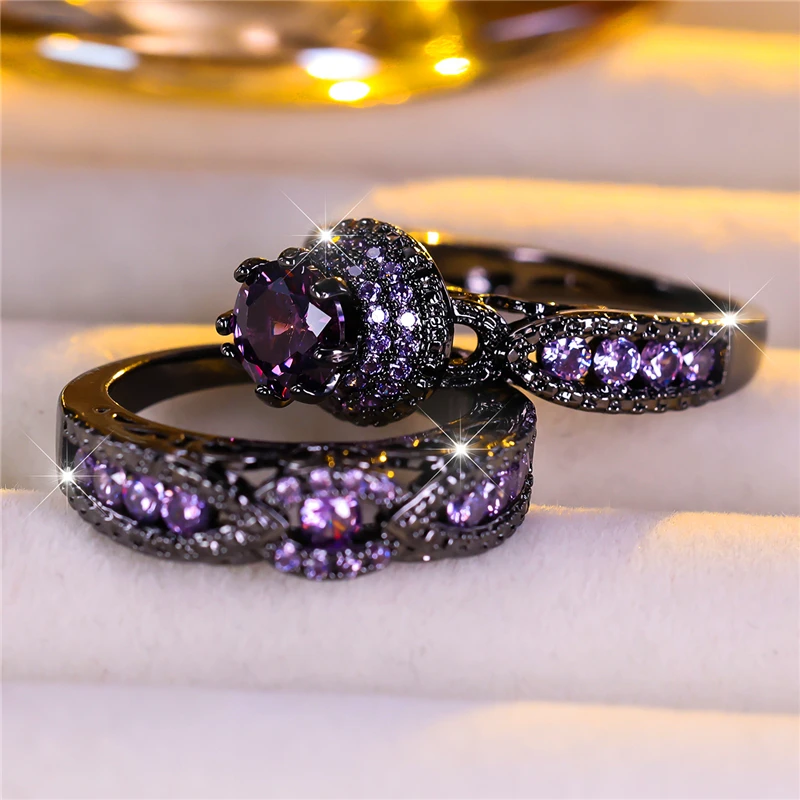 Luxury Female Purple Zircon Stone Engagement Ring Set Cute Black Gold Color Wedding Jewelry For Women