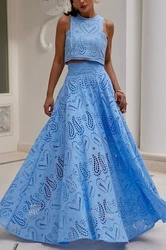 Hollow Out Sleeveless Top Half Skirt Set Embroidered Pocket Long Skirts Casual Holiday Temperament Waist Cinching Two-Piece Set