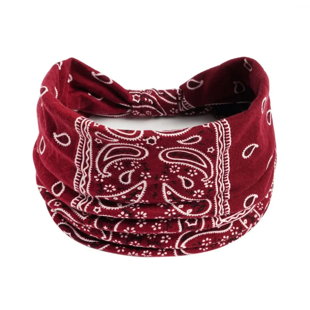 Retro Cashew Print Boho Knot Turbans Headwrap Wide Edge Elastic Yoga Headband Colorful Charming Cross Headband Girls Ladies