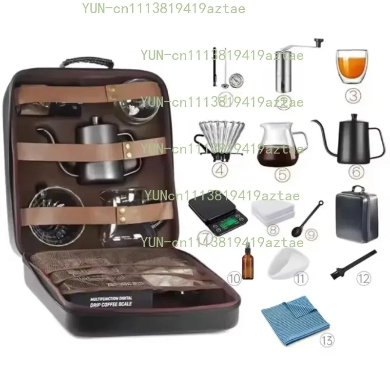 11-13 Pieces Hand Pour Coffee Set 600ML Glass Server Kettle Manual Grinder Digital Scale Portable Travel Coffee Brewing