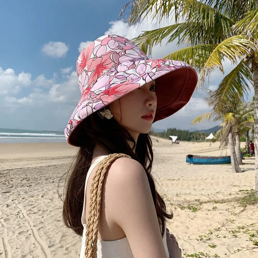 Double-Sided Women Fisherman Hat Flower Print Wide Brim Summer Sun Hat Solid Color Sun Protection Sunscreen Visor Cap Ladies