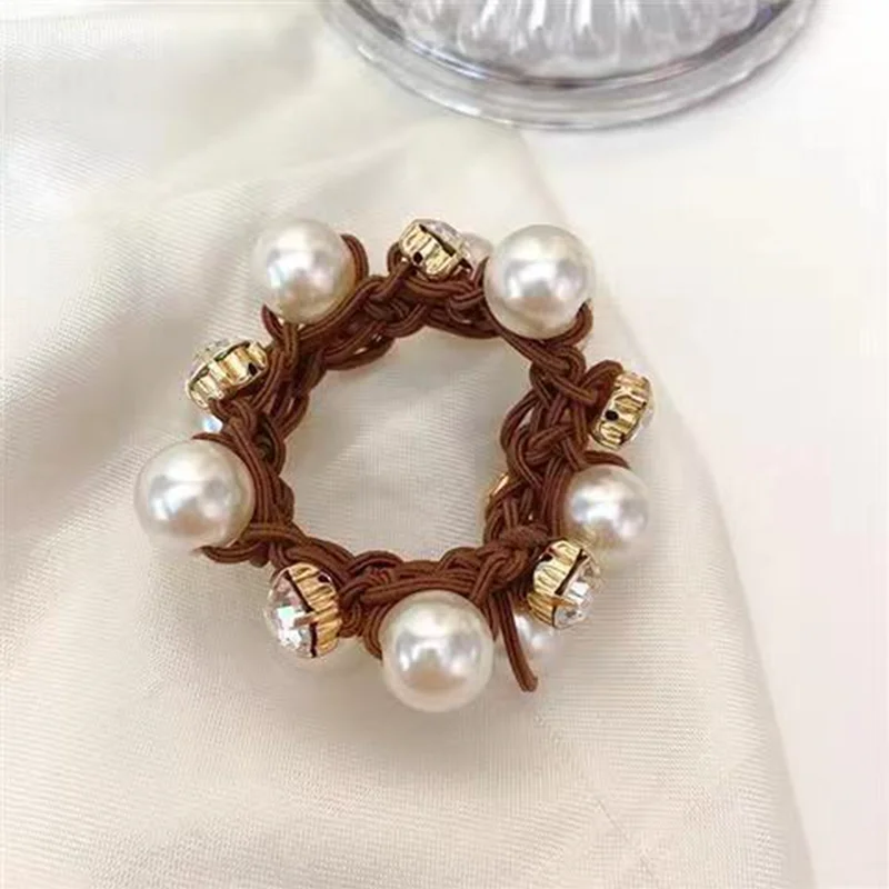 3pcs Paux Pearl Brimmed Hair Tie Glitter Rhinestone Decor Hair Rope Retro Style Scrunchies For Women