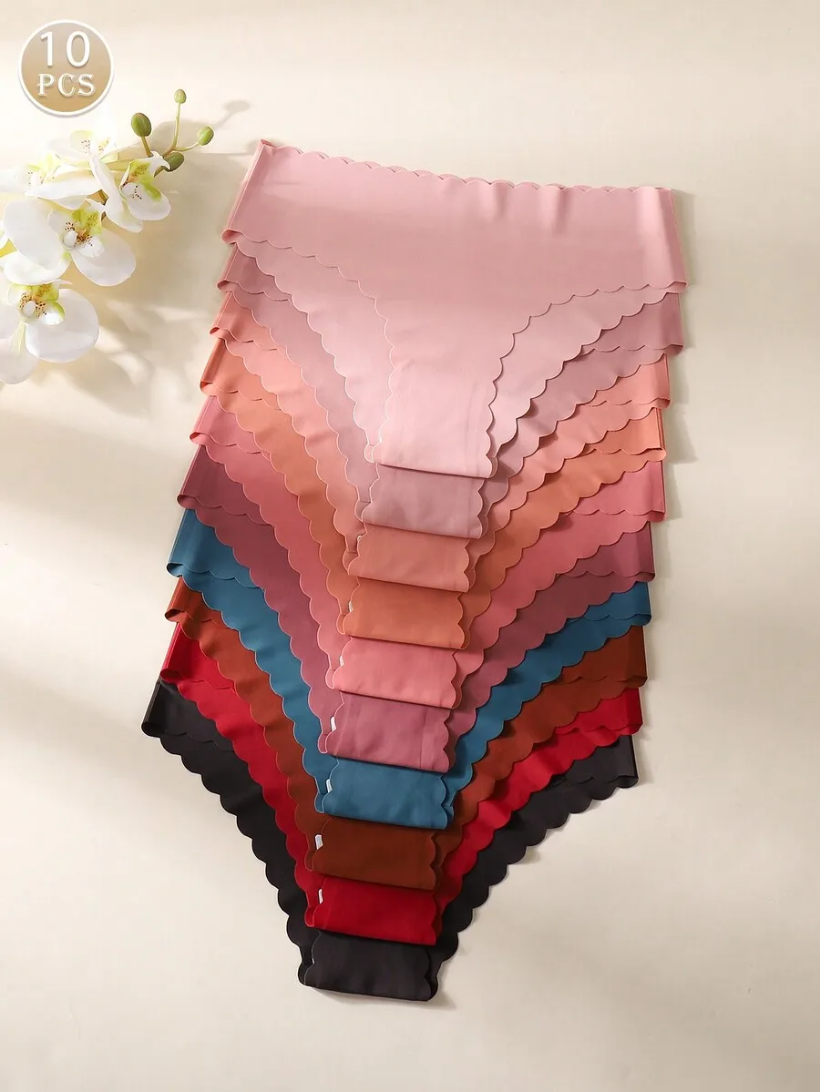 

10pcs Women Seamless Wavy Edge Briefs Comfortable Solid Color Underwear
