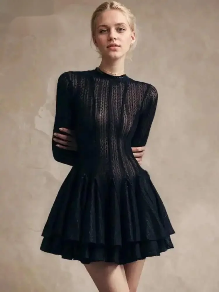 Modisches Damenkleid mit Rundhalsausschnitt, Langen Ärmeln, Aussparungen, Reißverschluss, Atmungsaktiv, Figurbetont, Kurzes Kleid, Frühling 2026 Neu 7AQIA4