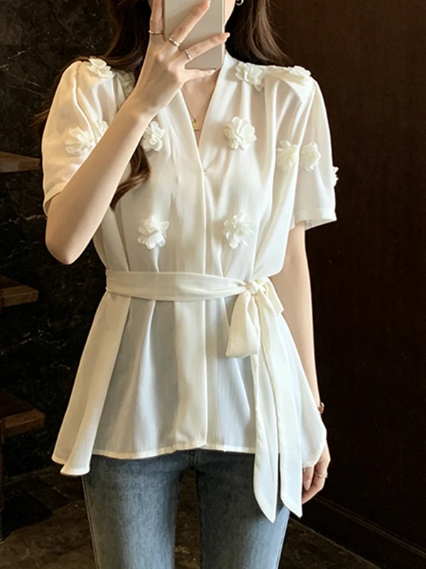 

plus Size Summer Women's Shirt V-Neck Loose Floral Print Belly Covering Slimming Korean Style Casual Breathable Short Sleeve