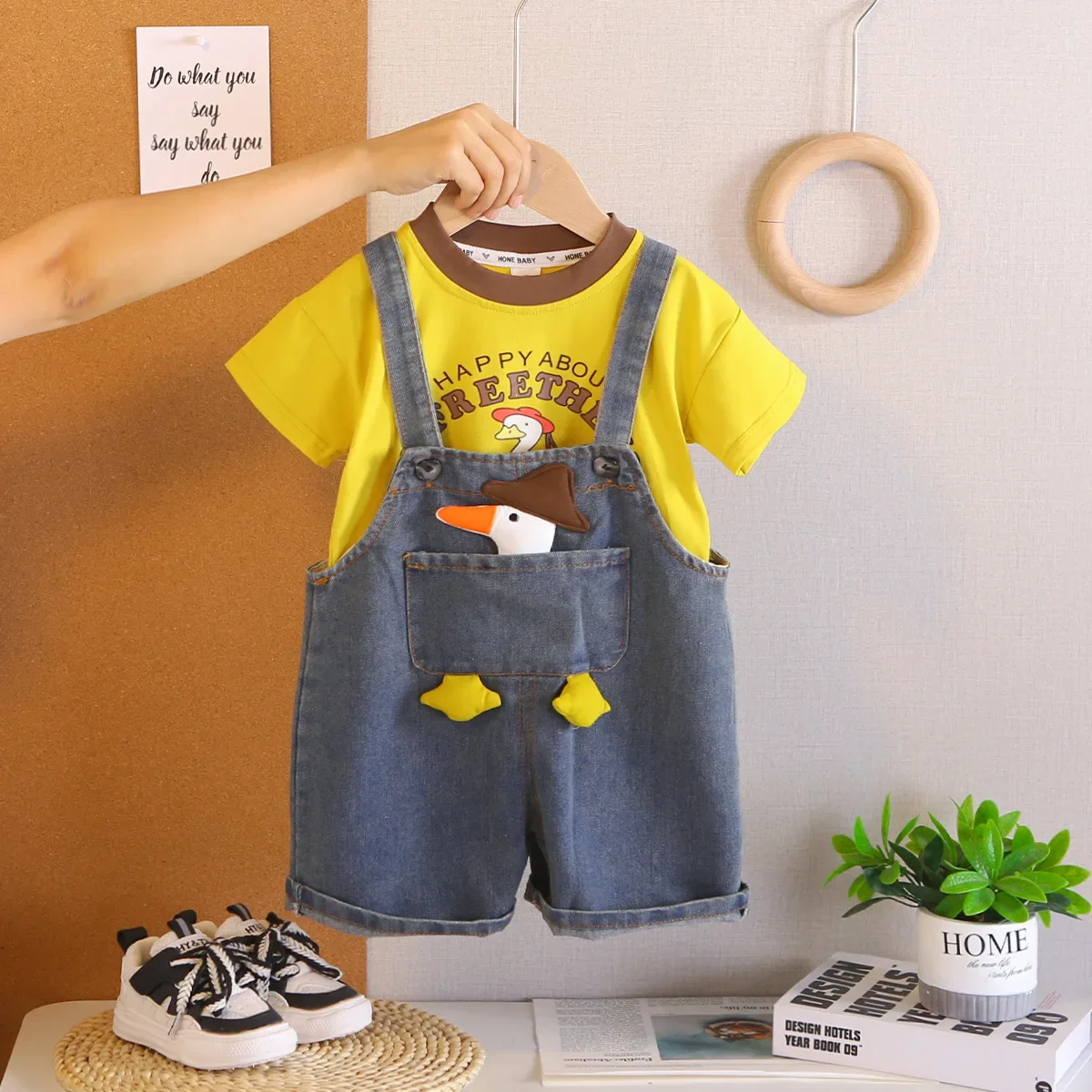 Boys Girls Summer Overalls Set Duck Print Short Sleeve T-Shirt Denim Shorts 2Pcs Kids Outfit Children's Casual Clothing