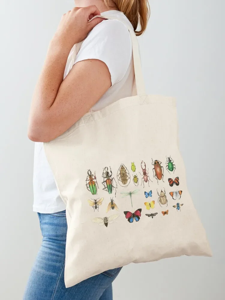 The Usual Suspects - Insects on grey - watercolour bugs pattern by Cecca Designs Tote Bag Candy bags eco bag folding Tote Bag