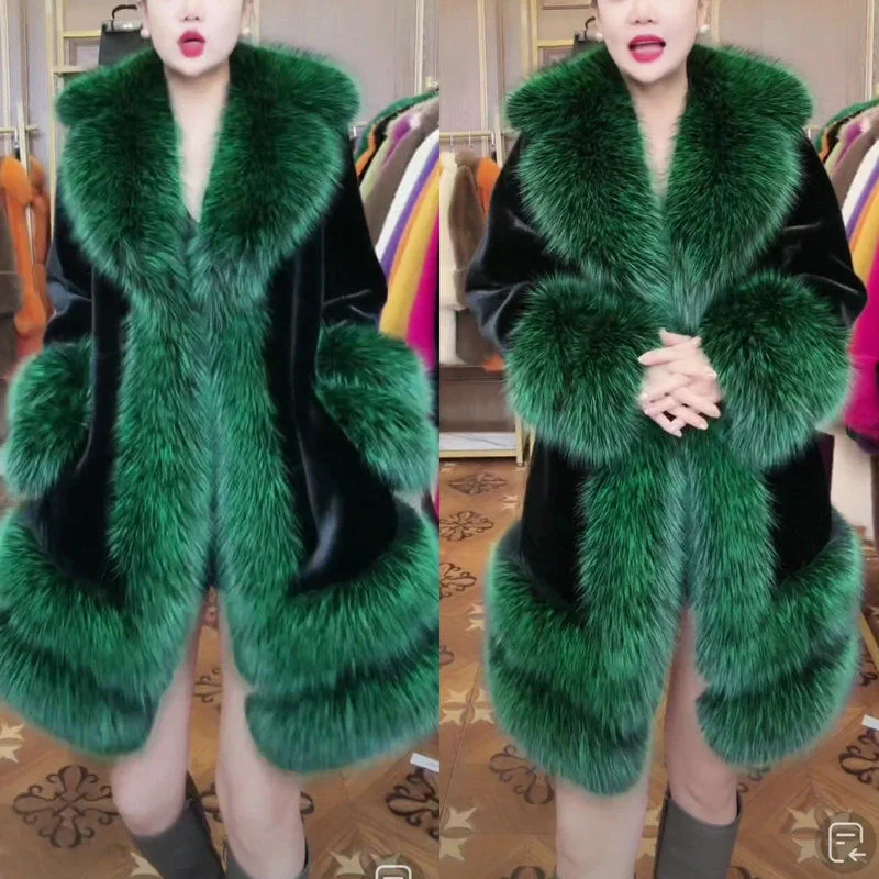 2023 New Women Winter Faux Fur Coat Mid Length Version Furs Overcoat Loose Adding Cotton Jacket Artificial FoxFur Collar Outwear