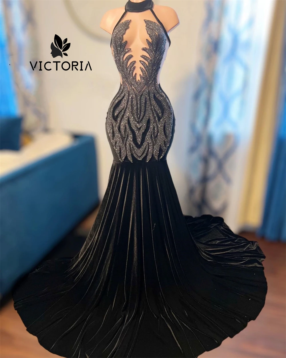 

Modern Black Velvet Halter Mermaid Cocktail Prom Dresses Crystal Beading Birthday Dress Black Girls 2025 vestidos Customized