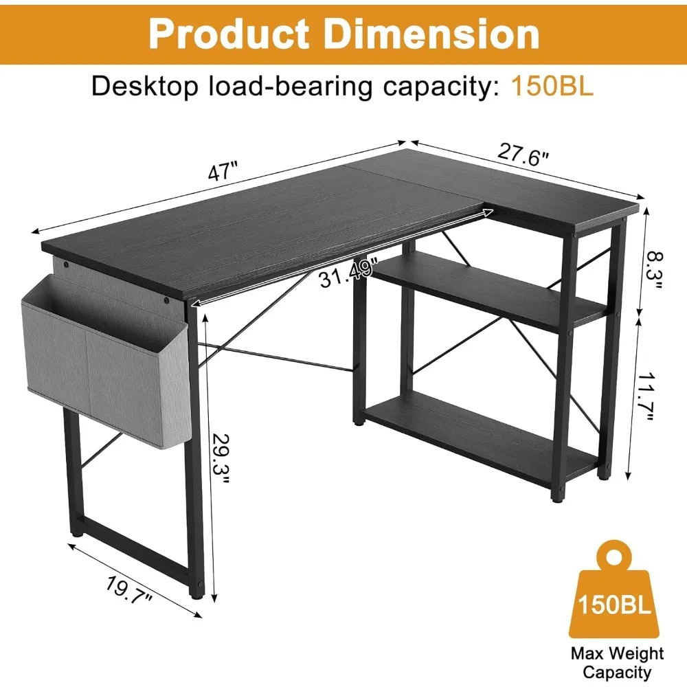 مكتب كمبيوتر على شكل حرف L، مكتب زاوية مقاس 47 بوصة مع مساحة تخزين، أرفف قابلة للعكس، مثالي للألعاب والاستخدام المكتبي