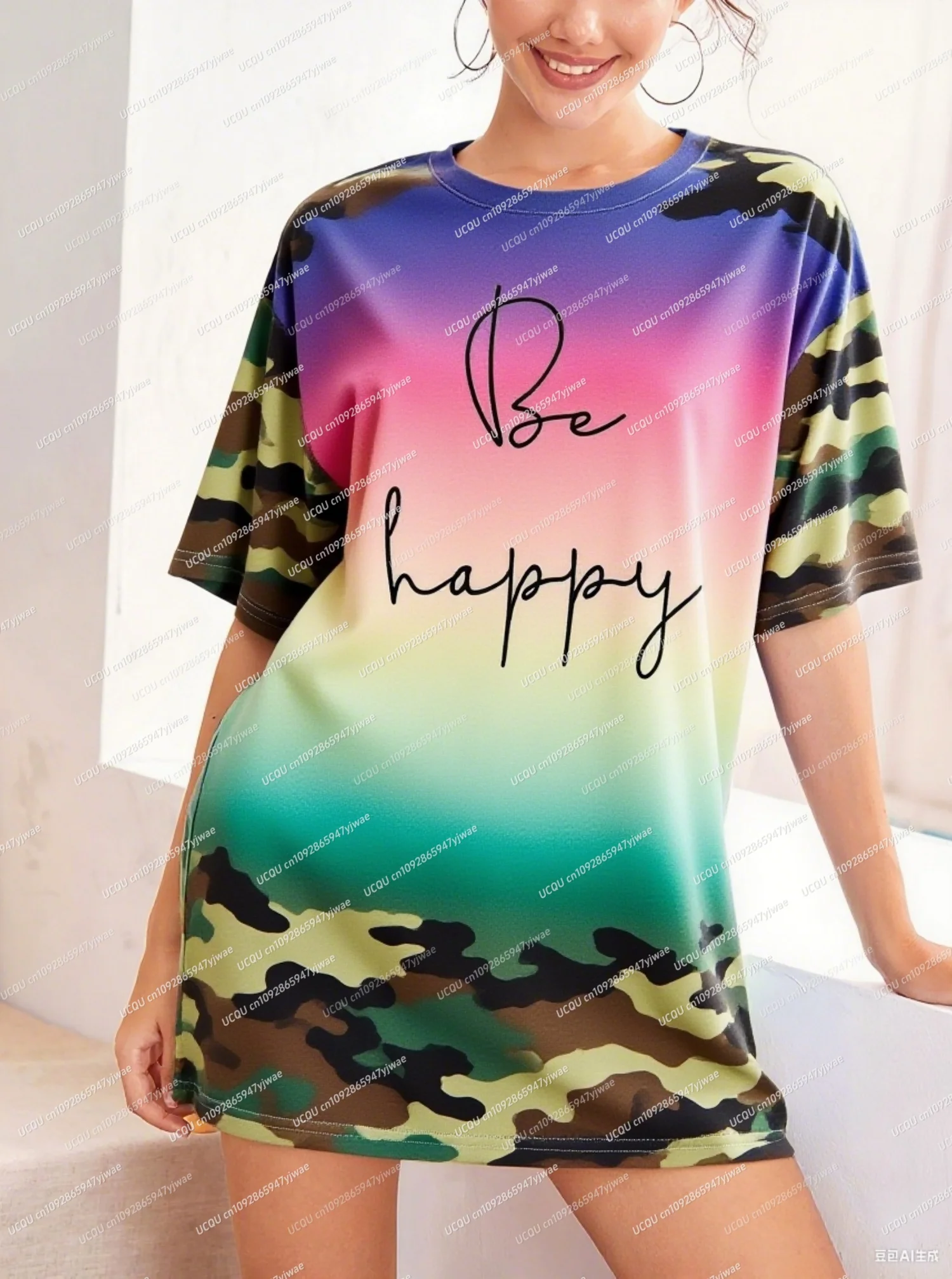 2025年夏新作 レディース Tシャツワンピース 迷彩柄 レタープリント BE HAPPY プリント Oネック 半袖 プルオーバーワンピース レディース服