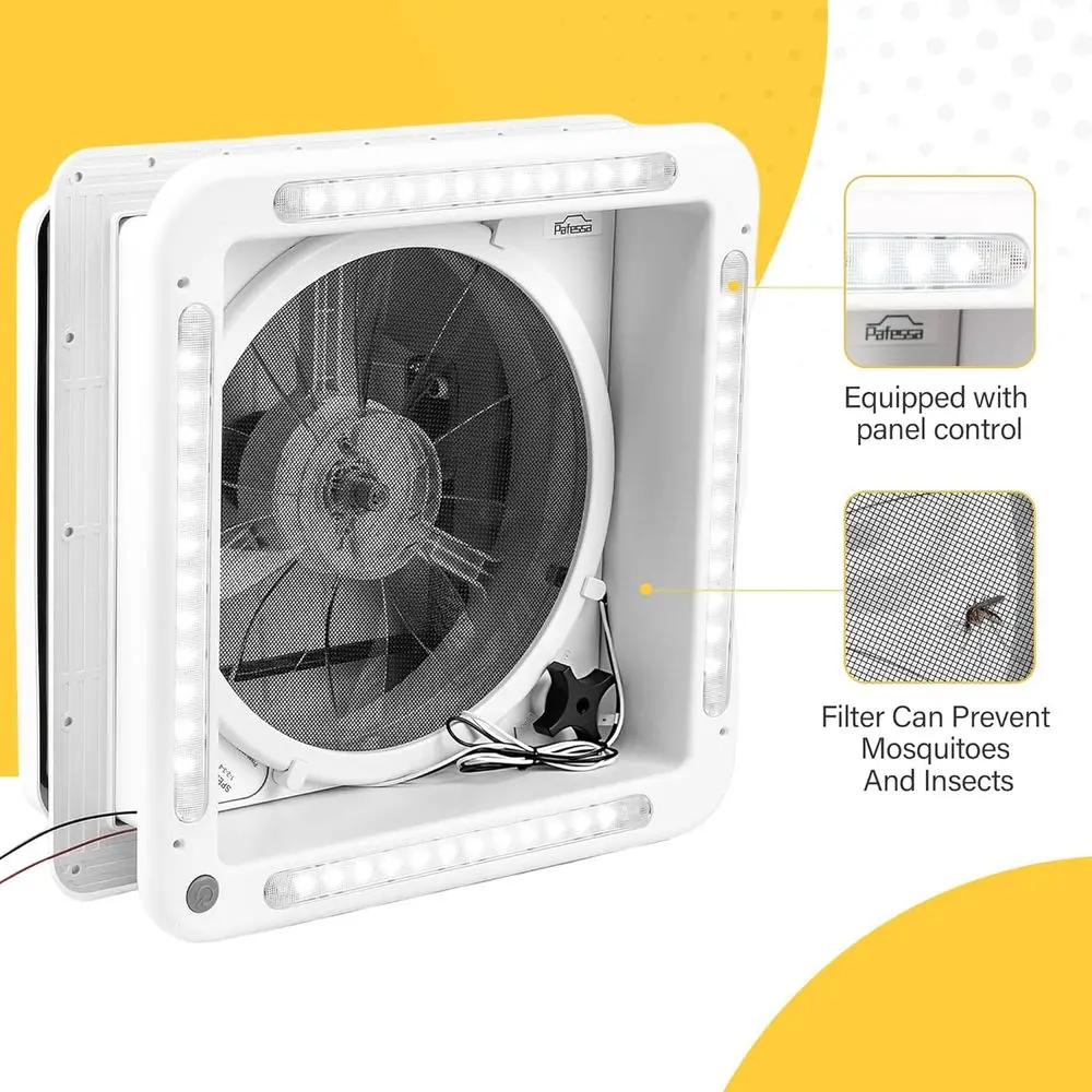 14インチ RVルーフベントファン LEDライト付き - 4段階速度調整可能 リバーシブル 12V デラックス RV電動ルーフベント、タッチ式オンオフ、速度調整機能、手動