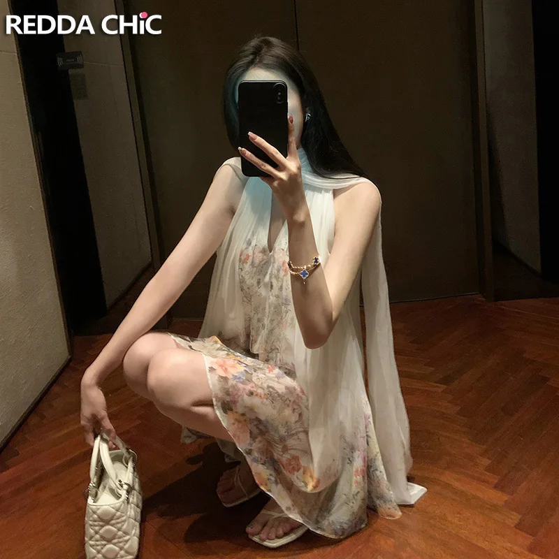 REDDACHiC Scarf Neck Floral Mini Dress Women Chiffon Casual Loose Draped Sleeveless Halter Dress Pretty Elegant Holiday Clothes