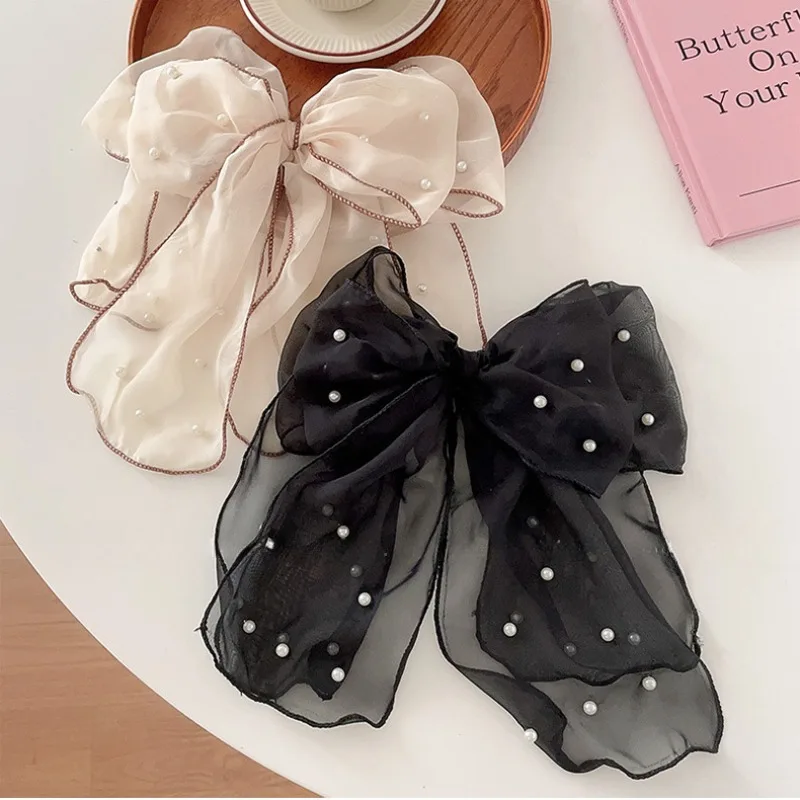 أنيقة الشريط اللؤلؤ القوس مقاطع الشعر الربيع الشيفون Bowknot ذيل حصان كليب الحلو الانحناء باريت أغطية الرأس الزفاف النساء الملحقات