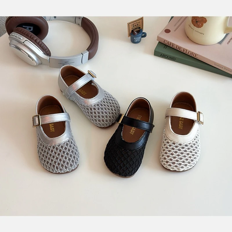 

Girl Summer Knitted Leather Shoes Children Solid Color Hollow Breathable Single Shoes Woman Soft Soled Velcro Kid Princess Shoes