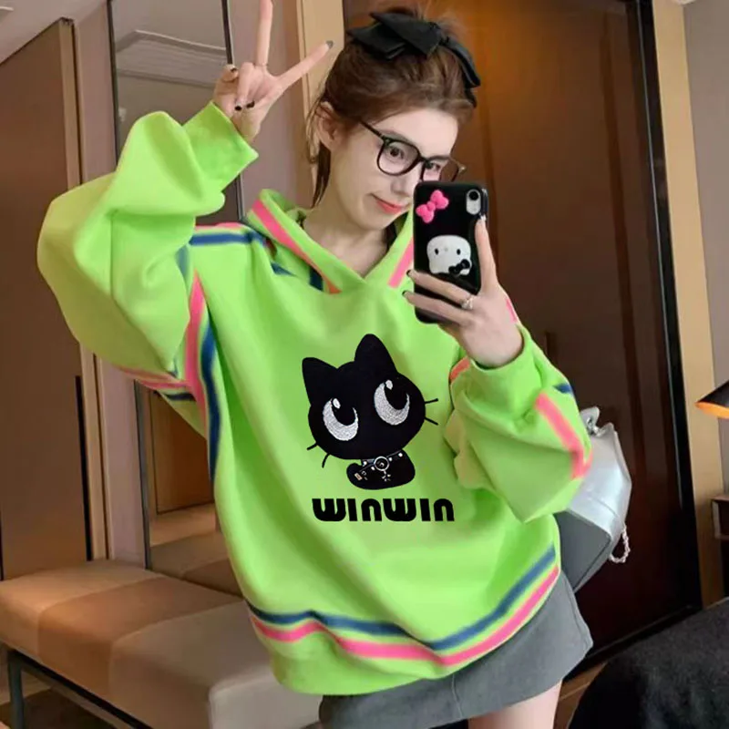 Girl's Loose Hoodie Korean Style Thin Cat Print Color Graffiti Sweater Long Sleeve Cute Mid-length Top Cartoon Pattern Digital