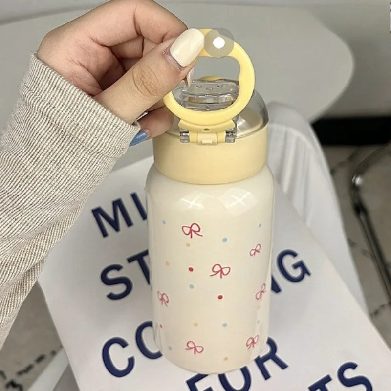 500ml Cute Cartoon Bear 316 Stainless Steel Insulated Water Bottle, One Click Flip Straw Thermal Cup for Girls Students
