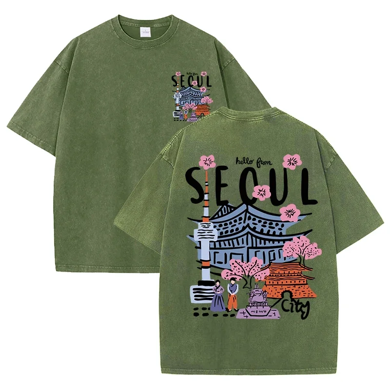 T-shirt lavata stampata con bellissimo scenario di Seoul T-shirt girocollo estiva femminile T-shirt casual a maniche corte in cotone alla moda