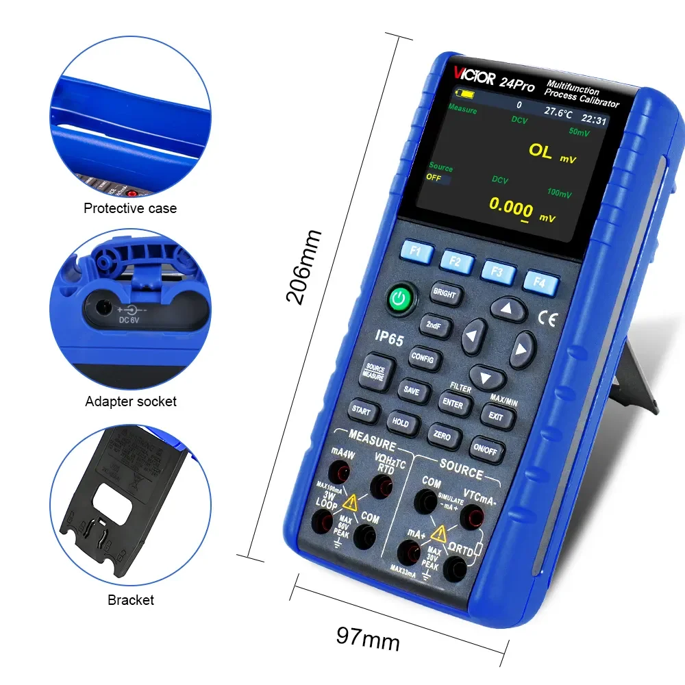 VICIOR 24Pro Multifunction Calibrator 0.01% Accuracy, Simulate 9 RTD/16 TC, IP65, 24V Loop Power, HD Screen