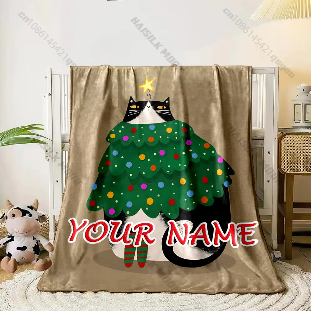 Personalized Name Custom Christmas Blanket Christmas Cat Blanket Set Soft Skin-Friendly blanket，all seasons, Christmas Gift