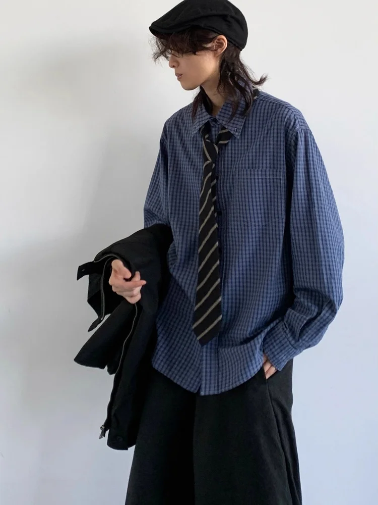 

Loose Long Sve irt Autumn Winter New Sle Retro Plaid ex Casual Blue Base Layer Outerwear Trendy Japanese Sle