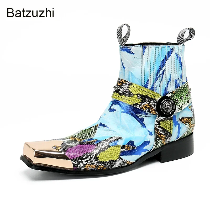 Batzuzhi New Western Boots Men Blue Luxury Leather Ankle Boots Men Golden Metal Toe Party/Party Botas Hombre, Big Sizes EU38-47