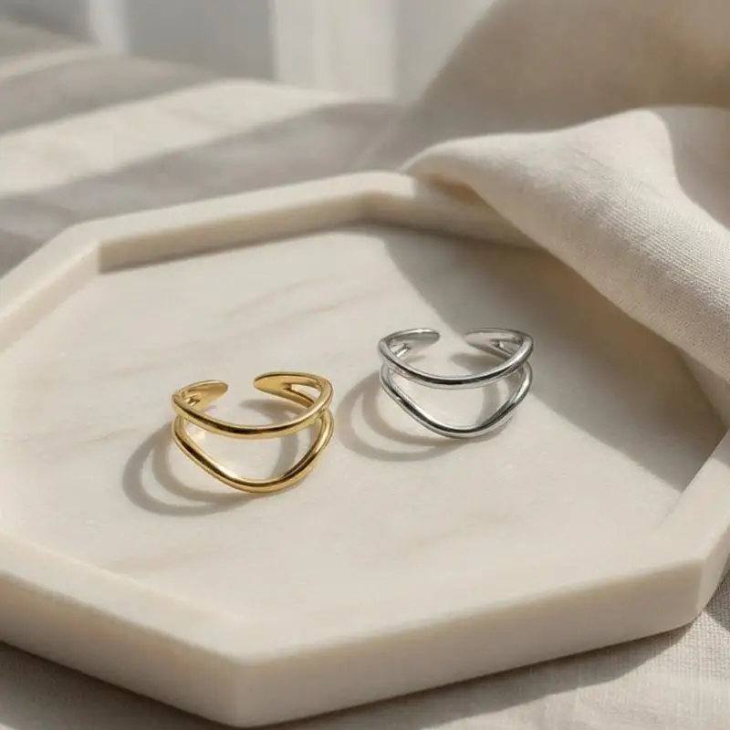 Silver Color Minimalist Double Layer Geometric Open Ring for Women Fashion Jewelry Personality Accessory Jewelry Storage