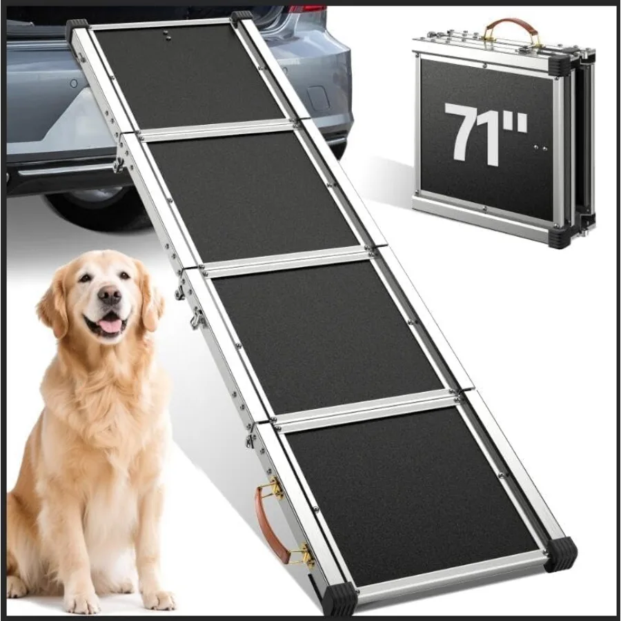 

Car SUV Truck dog ramp for large dogs, aluminum alloy, black, extra-long 70-inch folding design with non-slip surface, supports