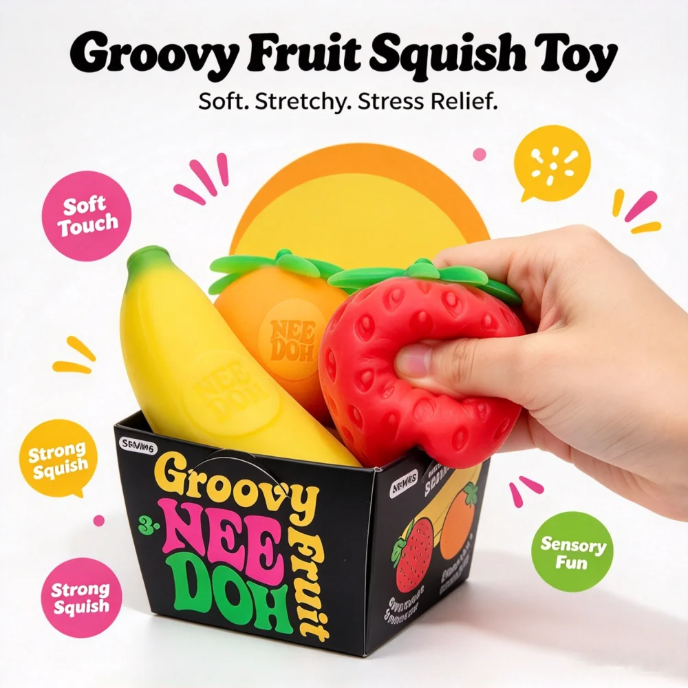 NeeDoh Groovy Fruit Squishy Toy TPR Banana Orange Strawberry Stress Relief Anxiety Relief Relaxing Accessory For Gift