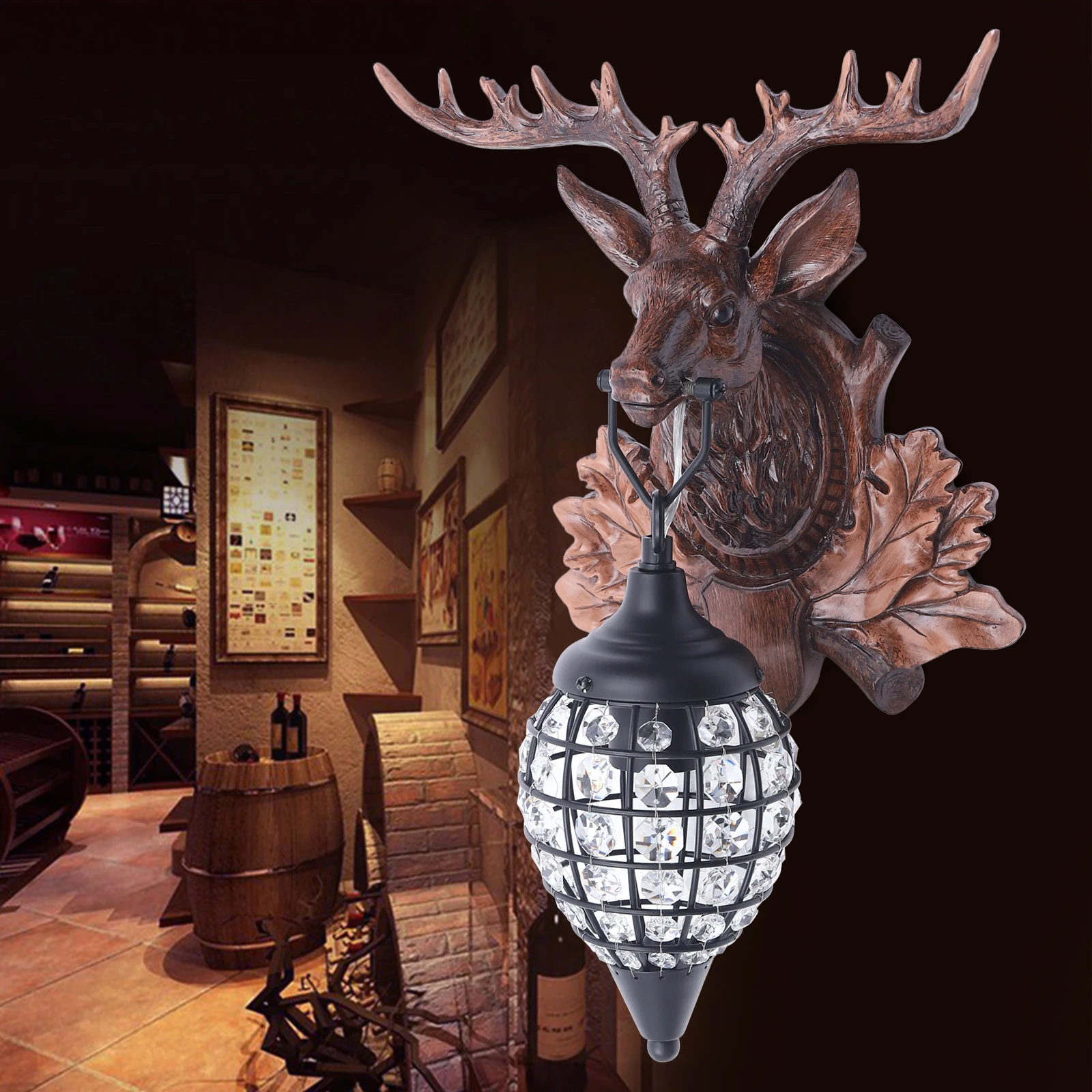 

Deer Head Wall Light, Antler Wall Lamp, European Style Wall Mount Lighting, Bedroom Handmade Fixture W/ K9 Crystals & E12 Base