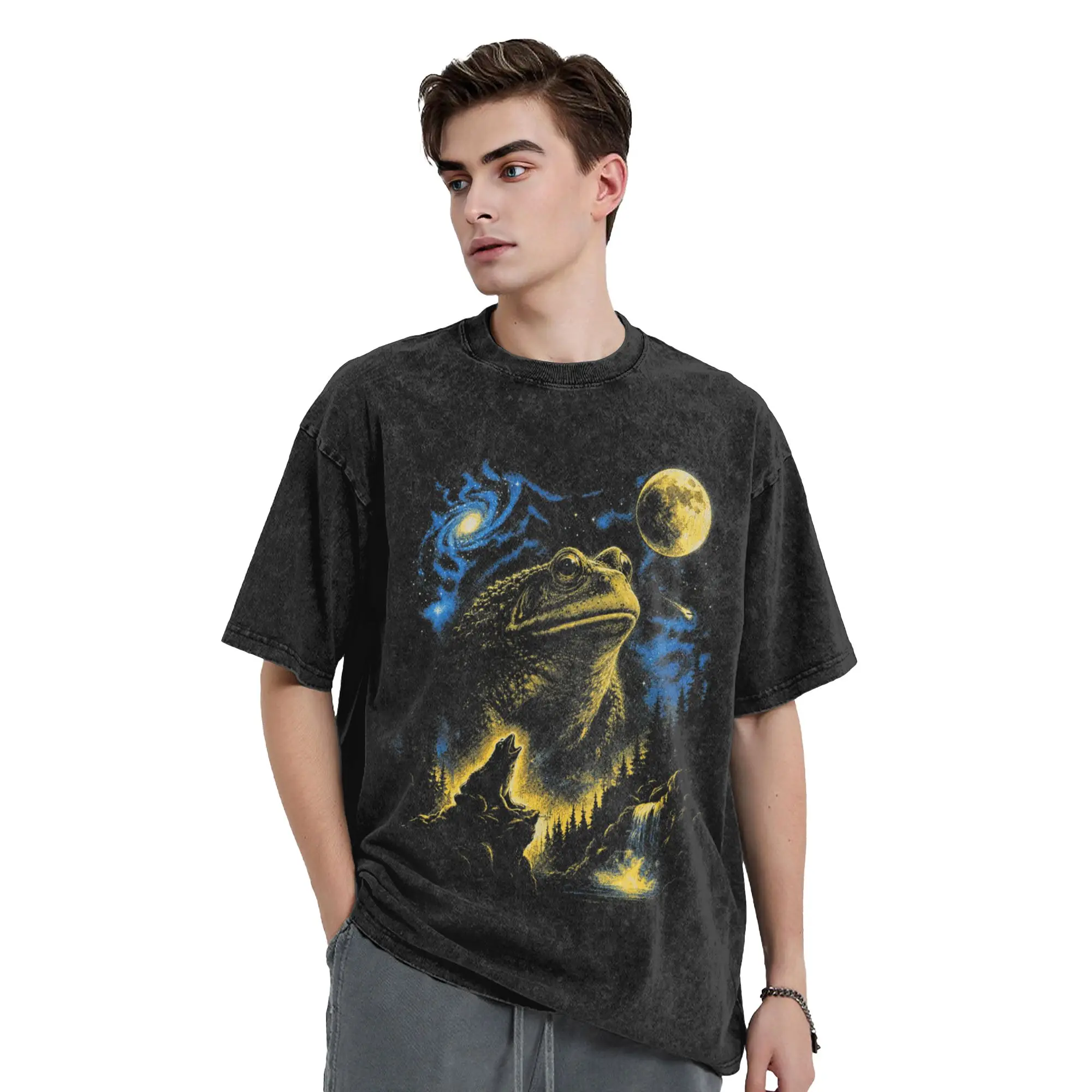 Frog Howling at Moon 90's Retro Nature Forest Animal T Shirt  Harajuku T-Shirts Short Sleeves Streetwear Tshirt Summer Tees