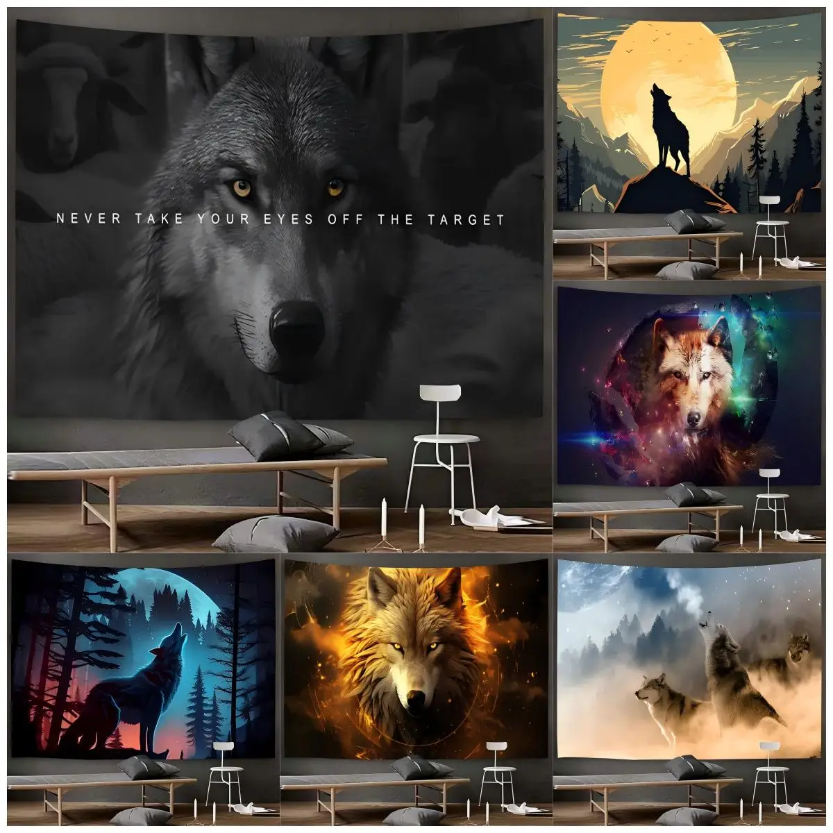 VIKAMA Starry Wolf Howling Forest Theme Tapestry Bedroom Bedside Living Room Background Wall Home Decoration Tapestry