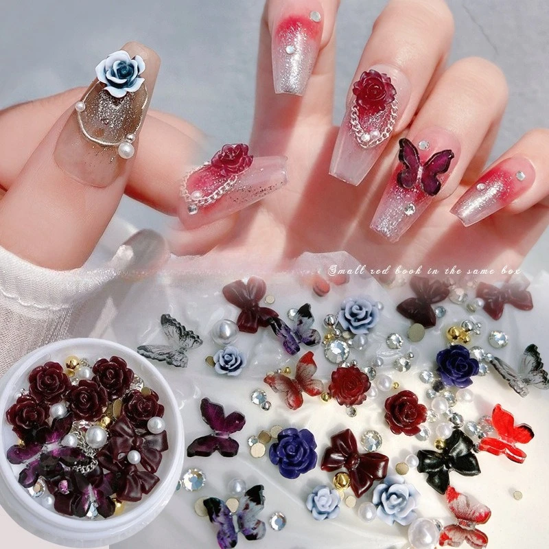 1Pc Popular Dark Plum Jam Nail Charm, Butterfly Camellia Bow Pearl Thin Chain Set For Delicate Nail Art Ornament Decoration