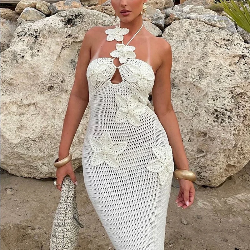 New Fashion Backless Floral Knit Dress,Summer Slim-Fitting Vacation,Elegant Beachwear for Women, Stylish & Comfortable Design