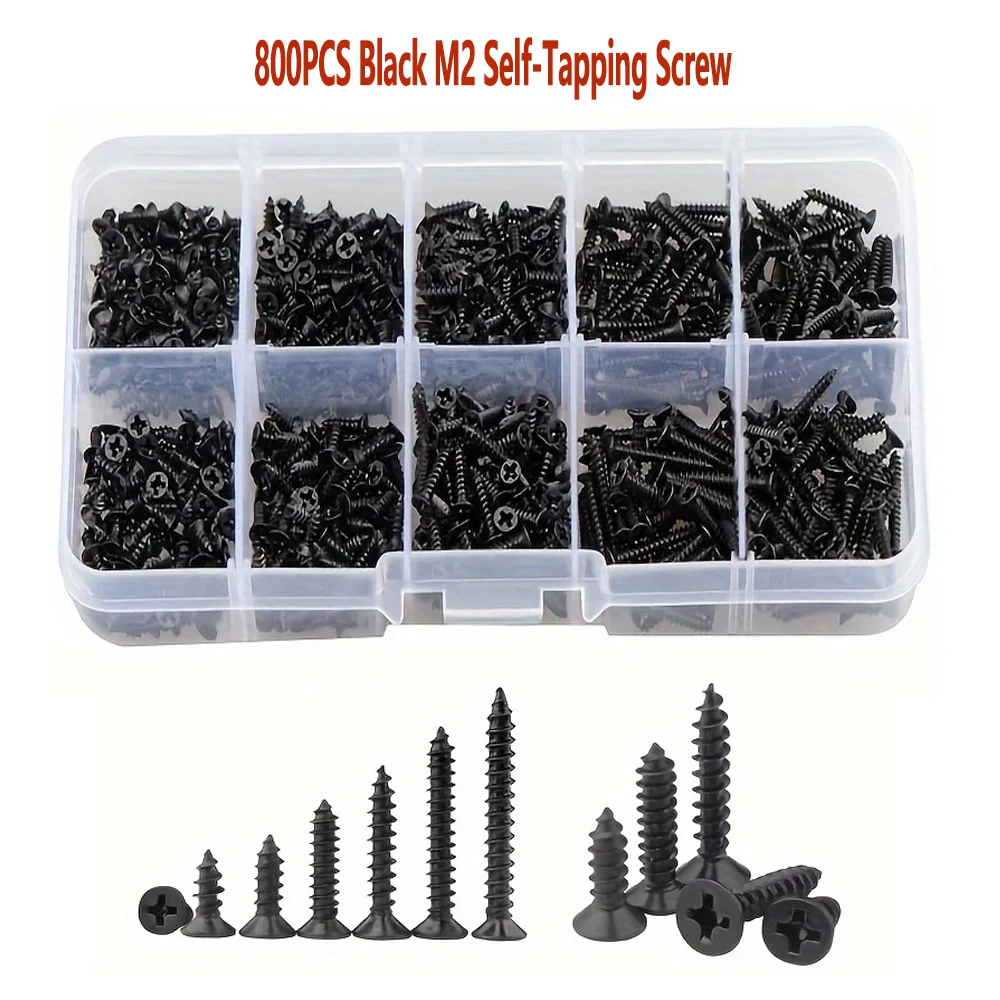 

800 шт. саморезы с крестообразной головкой и потайной головкой M2, черные винты из углеродистой стали для аксессуаров для обустройства дома