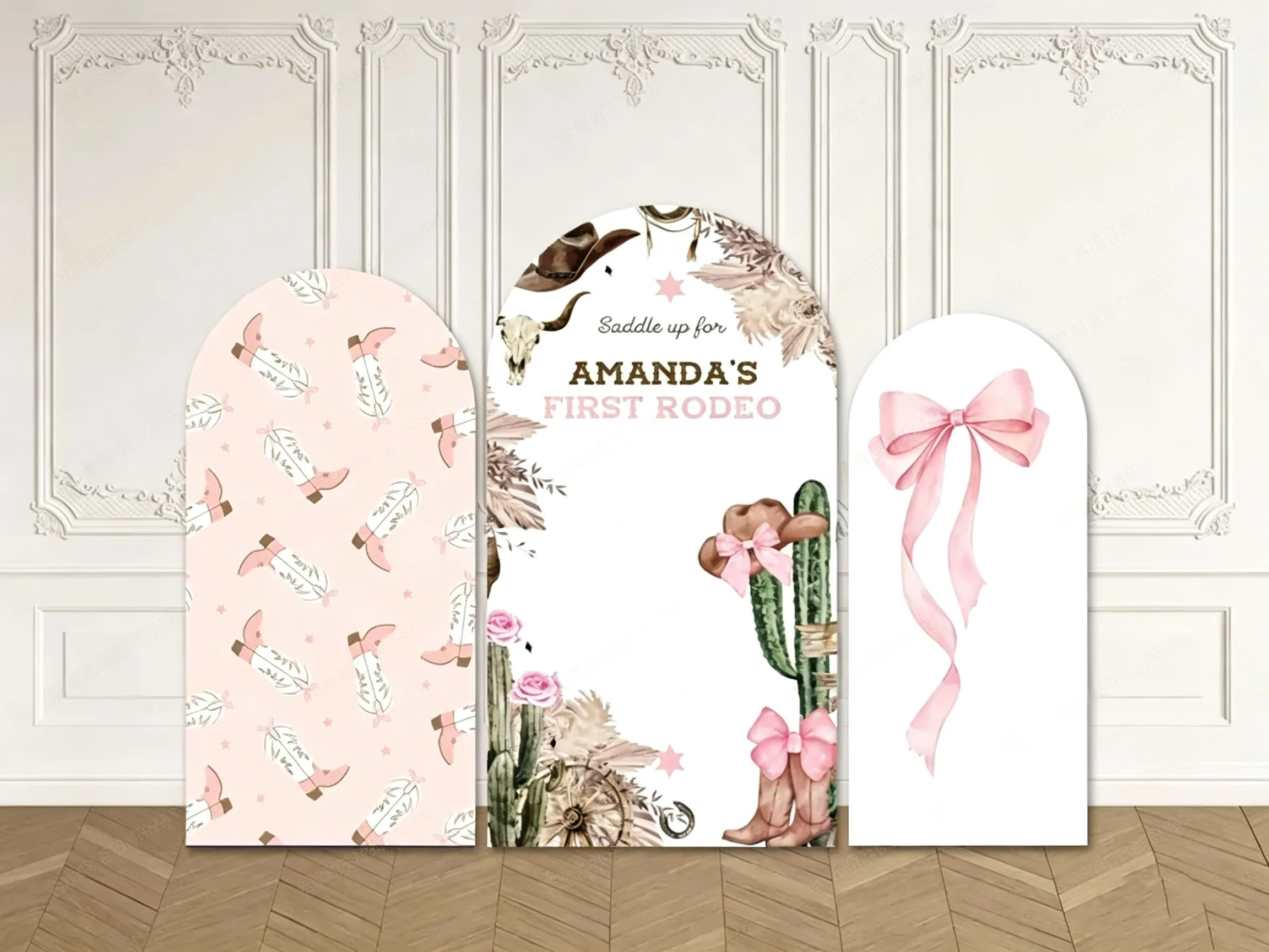 Custom Double-Sided Rodeo Cowgirl Baby Shower Arch Backdrop Cover Pink Bow Western Floral Cactus Birthday Party Photography