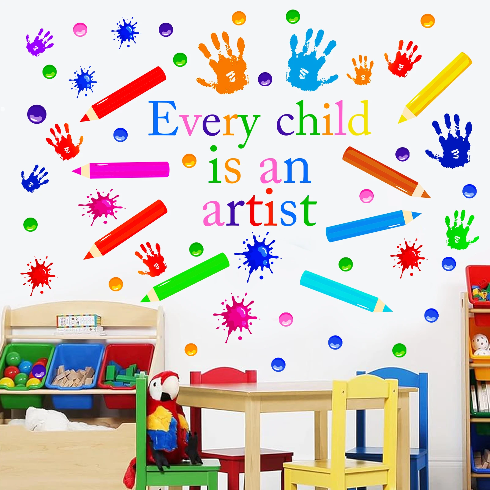 Handprint Colorful Pencil Wall Sticker Every Child is an Artist Wall Decal Removable Peel and Stick Home Decor for Studio Lounge