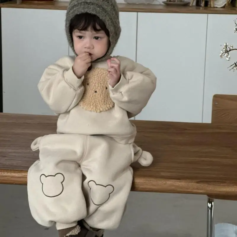 

Boys Cute Cartoon Fleece Sweatshirt + Pants 2pcs Suit Toddler Casual Outfits 2025 Winter New Baby Plus Velvet Thick Clothes Set